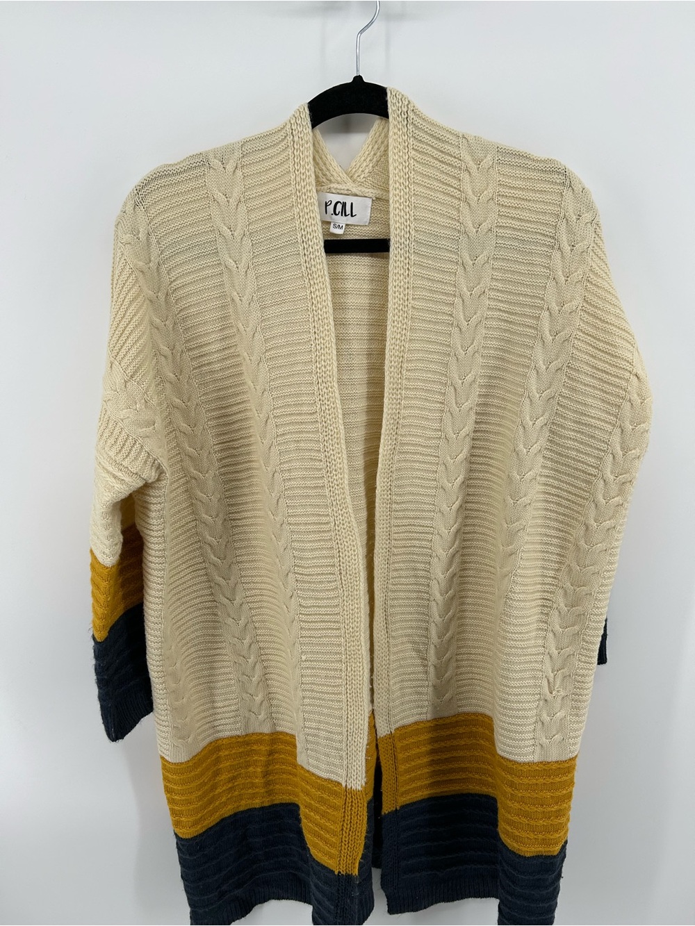 P.cull Open Front Cable Knit Cardigan in Cream with Mustard & Navy Trim
